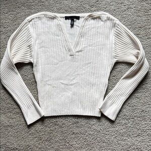 White House Black Market Cream Ribbed V-Neck Top